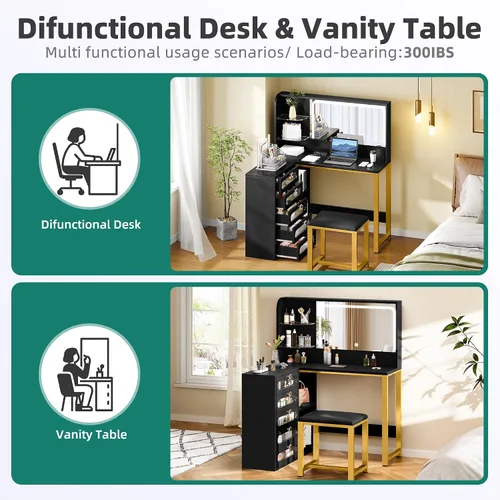 Vista 3 de YITAHOME Juego de escritorio de tocador, tocador de maquillaje con espejo y luces, 3 modos de iluminación, tocador grande de 48 pulgadas con 5
