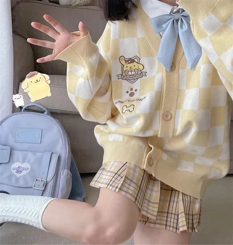 Vista 6 de WANHONGYUE Cárdigan Kawaii Cinnamoroll para mujeres y niñas, de manga larga, frente abierto, cárdigans de punto, uniforme escolar JK