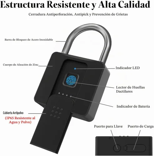 Vista 8 de Candado de huellas dactilares, Dhiedas Pad Lock con huella dactilar Bluetooth llave impermeable resistente cerradura de combinación para valla al