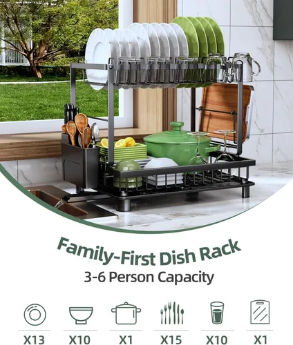 Vista 8 de Escurridor de platos, escurridor de 2 niveles que ahorra espacio, escurridor de platos multifuncional para encimera de cocina con bandeja