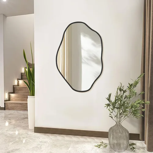 Vista 4 de ULIKE - Espejo de pared irregular de 24×36 pulgadas con marco de madera en negro – Diseño de forma orgánica abstracta para baño, dormitorio, sala