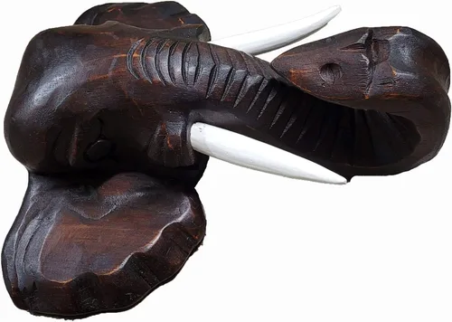 Vista 2 de Escultura asiática africana tallada mano de la pared de la cabeza del elefante de madera de caoba