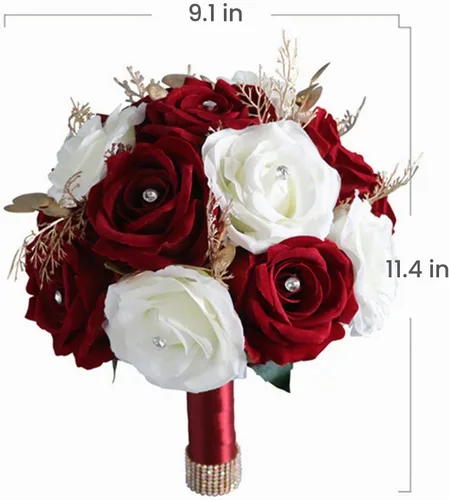 Vista 4 de Ramos de Boda para Novia y Dama de Honor, Ramo de Rosas Artificiales en Vino Rojo y Blanco para Decoración de la Iglesia y el Hogar Borgoña + Blanco