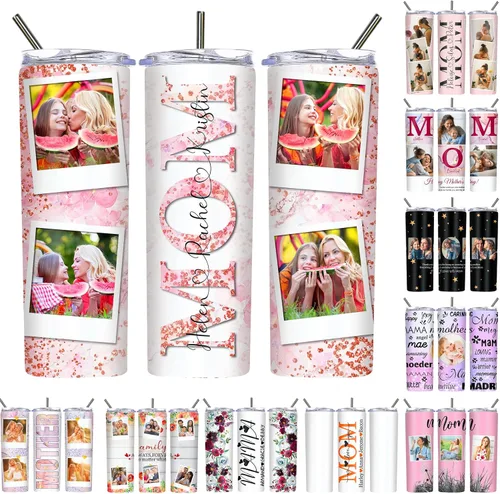 Vista 9 de Regalos para el Día de la Madre, vaso personalizado con foto de mamá, vasos delgados con tapa de nombre y pajita, 20 onzas, taza de café de viaje