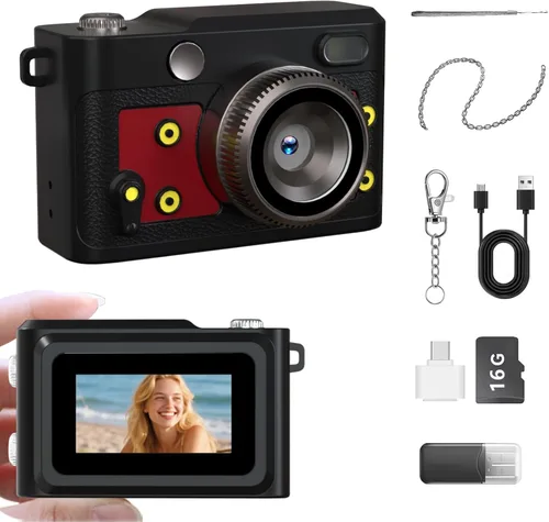 Vista 11 de Mini cámara retro con llavero – Cámara digital pequeña FHD de 1080P con lente de 2 MP, pantalla de 0.96 pulgadas y adaptador OTG con tarjeta de 16