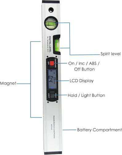 Vista 4 de Medidor de ángulo de nivel de alcohol Imán vertical Inclinómetro de 360°, nivel de espíritu, herramienta de regla digital para manitas, medición