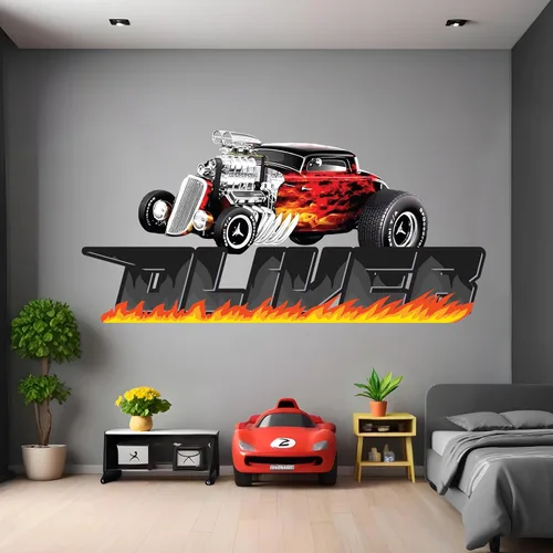 Vista 5 de Decoración de habitación de coches, calcomanía de pared con nombre de bandera de carreras, arte de pared personalizado para niños, bebés y niños