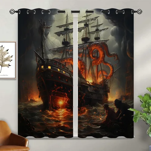 Vista 2 de Cortinas opacas de pulpo náutico para niñas y niños, decoración del hogar, con ojales de animales piratas del océano Kraken, cortinas