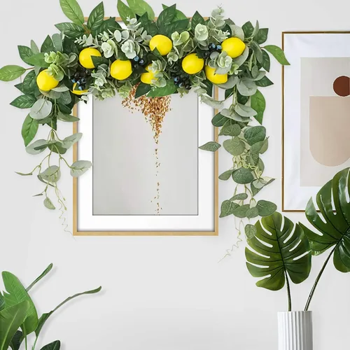 Vista 8 de Firlar Guirnalda de flores artificiales, 18 pulgadas con bayas de limón, hojas verdes, adorno colgante floral para puerta, para boda, hogar, fiesta