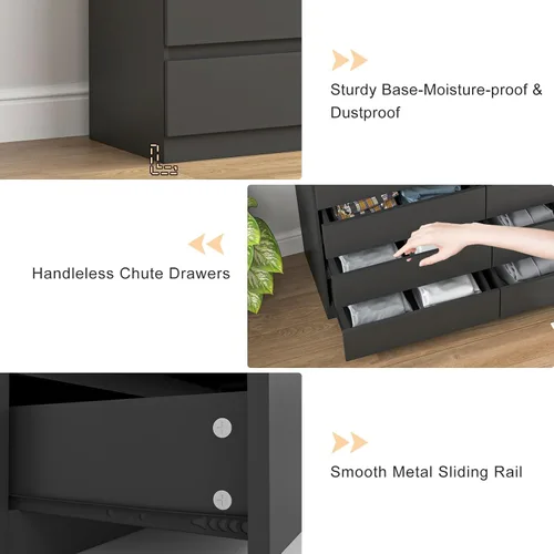 Vista 6 de Vibe & Dine Cómoda doble de 8 cajones, cómoda de madera moderna con amplio almacenamiento para armario, dormitorio, sala de estar, color negro