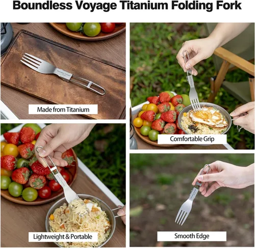 Vista 4 de iBasingo Cuchillo de tenedor de titanio con mango plegable, utensilios de vajilla ultraligeros para camping, picnic al aire libre, senderismo