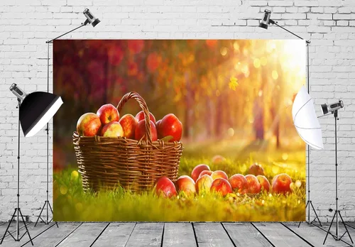 Vista 3 de BELECO Telón de fondo de fotografía de manzanas de otoño de 6 x 4 pies, color manzanas en cesta, luz del sol, fondo borroso de bokeh, campo, campo