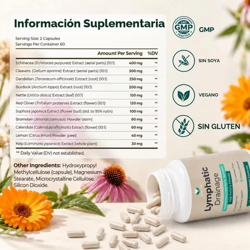 Vista 8 de Suplementos de drenaje linfático, 120 tapas, apoya la hinchazón