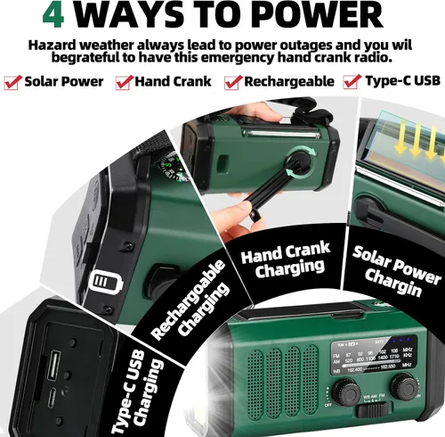 Vista 5 de QAUYYW Radio de emergencia con manivela, radio NOAA AM FM meteorológica portátil con manivela de 37000 mAh solar, con linterna de 3 modos y luz
