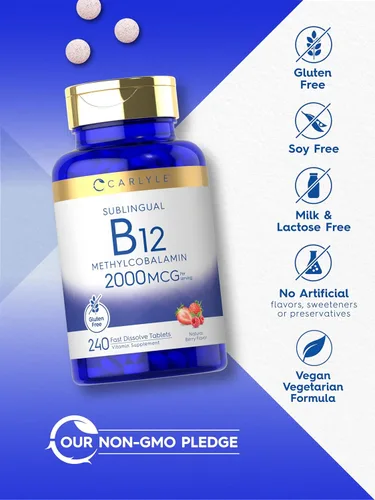 Vista 5 de Carlyle Vitamina B12 de 2000 mcg 240 tabletas de disolución rápida Metilcobalamina sublingual Sabor a bayas Suplemento vegetariano, sin OMG