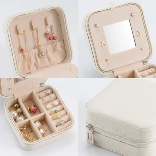 Vista 3 de Paquete de 4 cajas blancas de joyería de viaje, caja de joyería portátil para llevar, organizador de joyas de viaje, soporte portátil
