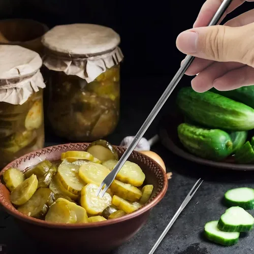 Vista 7 de Juego de 6 pinzas para servir de cocina con mango largo, tenedor para pepinillos, cuchara de aceituna con orificio de drenaje, colador de acero