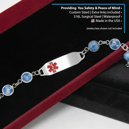 Vista 5 de My Identity Doctor Medical Alert Bracelet for Women with Free Engraving, Blue Glass Stainless Steel Personalized Medic ID Custom Sized Chain - Star