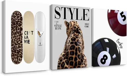 Vista 10 de Arte de pared de leopardo de moda, decoración de pared de guepardo blanco y negro, pósteres de lienzo estéticos de moda, impresiones de estocolmo