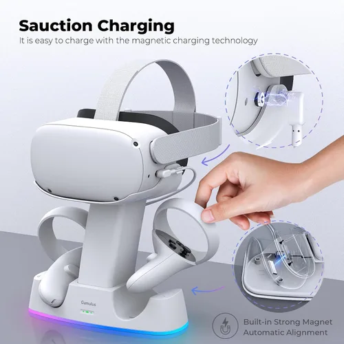 Vista 4 de Gamulus Base de carga RGB 2 en 1 y base de soporte para Meta Quest 2, auriculares y controladores VR estación de acoplamiento de carga rápida
