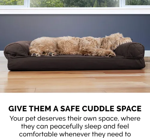 Vista 9 de FurHaven - Cama de espuma ortopédica suave para perros, estilo sofá, con funda extraíble y lavable, acolchada, color café, para perros de hasta 35