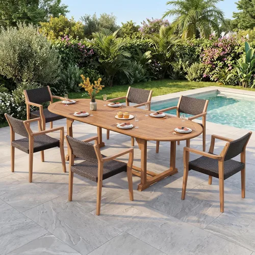 Vista 6 de PHI VILLA Juego de 2 sillas de madera de acacia para exteriores, sillones de comedor resistentes con respaldo y asiento de mimbre, muebles