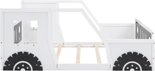 Vista 6 de SOFTSEA Cama Montessori de tamaño matrimonial con valla y puerta, plataforma de madera con ruedas para niños y niñas, soporte de listones de madera