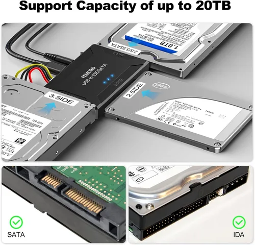 Vista 5 de FEMORO Lector de disco duro IDE SATA a USB 3.0 + adaptador USB C, kit de convertidor de recuperación de datos 3 en 1 con fuente de alimentación