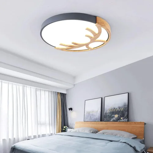 Vista 2 de Lámpara de techo redonda moderna plana redonda circular de montaje empotrado de 6500 K, lámpara de techo LED de madera, decoración de techo