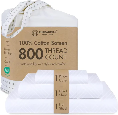 Vista 45 de Threadmill Sábanas para Cama Individual – 800 Número de Hilos Jacquard Celine Gris Oscuro, 100% Algodón Natural Juego de Cama de 3 Piezas a Rayas