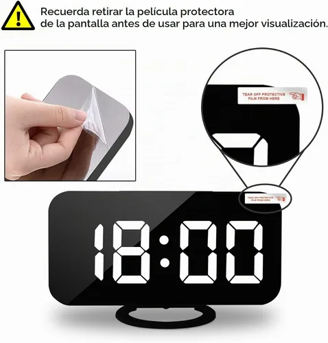 Vista 7 de Reloj despertador digital, relojes electrónicos con espejo LED de 7 pulgadas, con 2 puertos de carga USB, modo de suspensión, ajuste automático