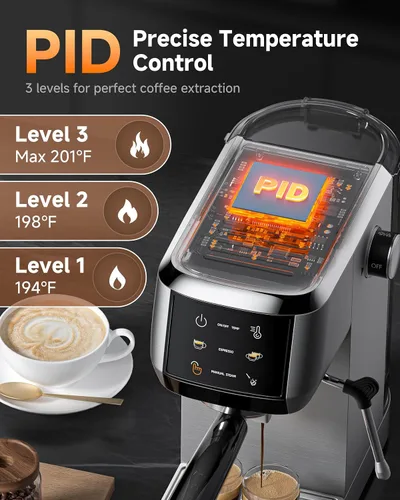Vista 3 de AMZCHEF Máquina de café expreso de 20 bares: cafetera profesional con espumador de leche, temperatura y presión ajustables, cafetera compacta