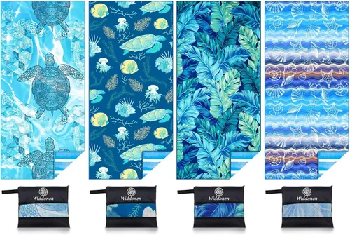 Vista 8 de Widdonen Toalla de playa de microfibra, compacta, paquete de 2 unidades, 71 x 32 pulgadas con bolsa de viaje Paquete de 2 Blue Peank Dream World