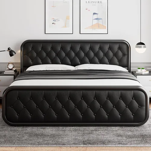 Vista 10 de iPormis Marco de cama de metal tamaño completo con cabecera de cuero, marco de cama de plataforma resistente, soporte de listones de acero metálico