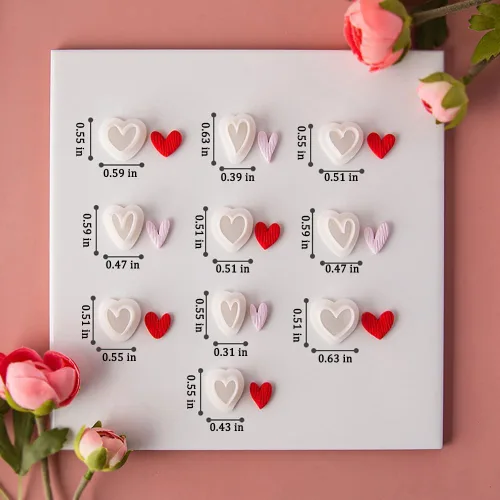Vista 3 de 10 unidades/caja mini cortadores de arcilla polimérica de corazón para el día de San Valentín, cortadores de aretes de cerámica suave, kit