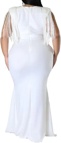 Vista 5 de Vestido ajustado de talla grande para mujer, elegante, manga con borlas, sexy, cuello en V, vestido largo para fiesta de noche