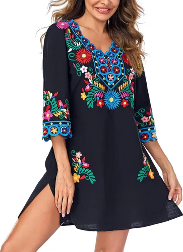 Vista 4 de YZXDORWJ Vestido floral mexicano bordado con cuello en V para mujer, vestido bohemio tradicional floral de manga larga