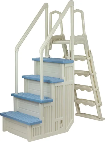 Vista 11 de Aqua Select Everest en escalones de piscina Blanco perla con peldaños gris nube para piscinas sobre el suelo Montaje en cubiertas de 48 a 54