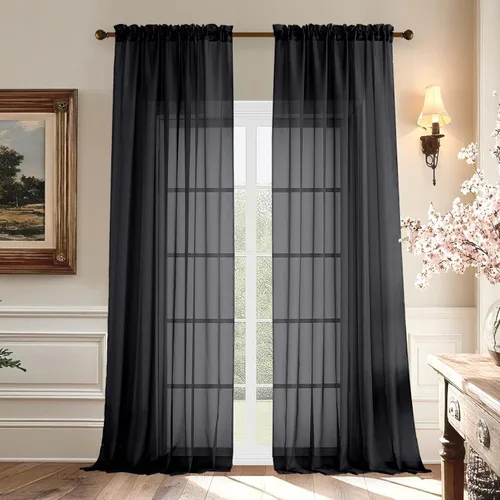 Vista 25 de Aiyufeng 2 paneles de cenefa transparente negra de 14 pulgadas de largo, cortinas cortas negras transparentes para dormitorio, cortinas de cocina