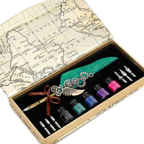 Vista 12 de NC Juego de tinta de plumas, incluye 5 botellas de tinta y 6 puntas reemplazables, bolígrafo mecánico para escribir, letras, diario, firma, Azul