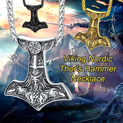 Vista 2 de FaithHeart Collar con colgante de runas vikingas nórdicas, martillo de Thor, brújula nórdica, Odín, cuervo, para hombres y mujeres, con embalaje