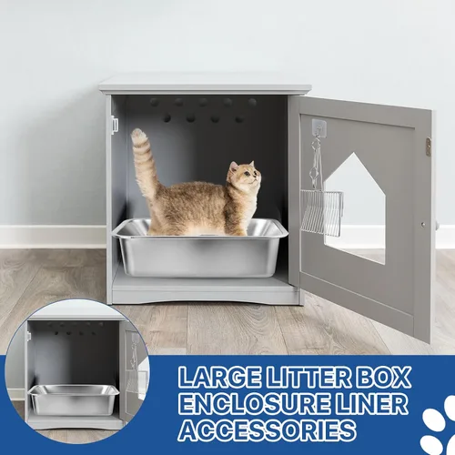 Vista 8 de Caja de arena de acero inoxidable para gatos, caja de arena grande de 16 x 12 x 4, sartén antiadherente para gatos con cuchara de arena de metal