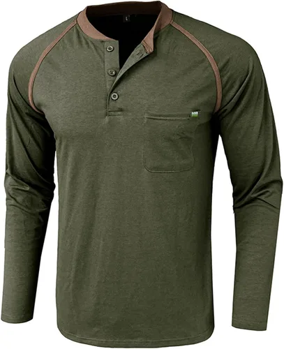 Vista 2 de Camisas de manga larga Henley para hombre, con botones clásicos, vintage, con bolsillo en el pecho