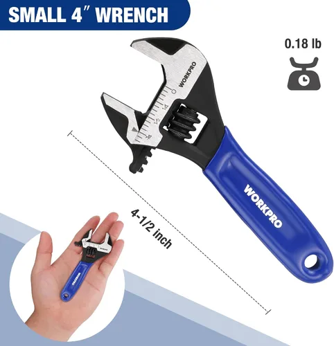 Vista 3 de WORKPRO Llave ajustable mini de 4 pulgadas, llave de mandíbula ancha de acero Cr-V con óxido negro para tuercas pequeñas, escalas métricas y SAE