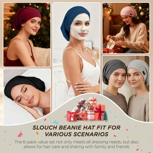 Vista 7 de 2 gorros de satén para dormir para mujer, Multi Adjustable Slouchy Beanie Hat, Night Sleep Cap Hair Wrap for Curly & Natural Hair