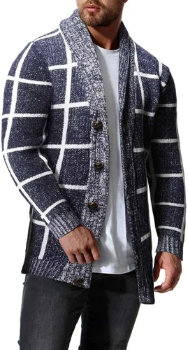 Vista 3 de Ropa de abrigo de punto fresco con frente abierto para hombre, cárdigan de primavera con solapa a rayas de retazos de manga larga suelto