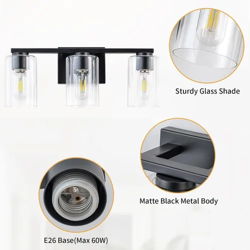Vista 4 de WILON Lámpara de tocador de baño, 3 luces de tocador modernas de color negro claro con apliques de pared de vidrio transparente con vidrio