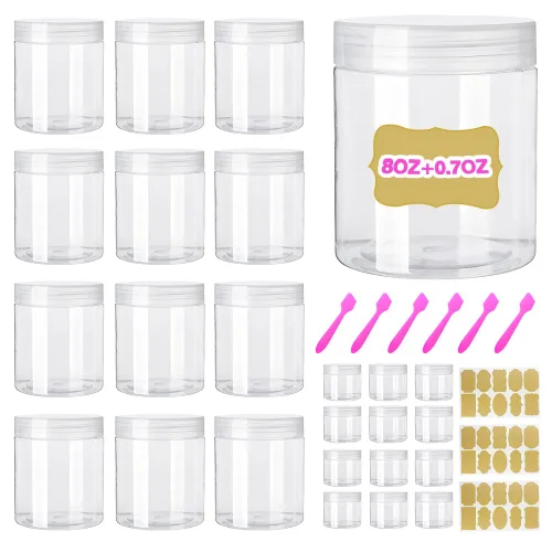 Vista 22 de Paquete de 12 recipientes pequeños de plástico de 4 onzas con tapas + paquete de 12 tarros de muestra de cosméticos de 0.7 oz/0.7 fl oz