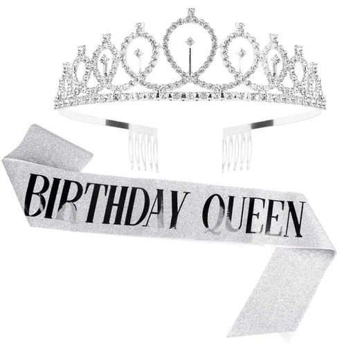 Vista 10 de CAVETEE - Juego de corona y banda de reina de cumpleaños para mujer, banda y tiara de diamantes de imitación, decoraciones de cumpleaños negras Negro