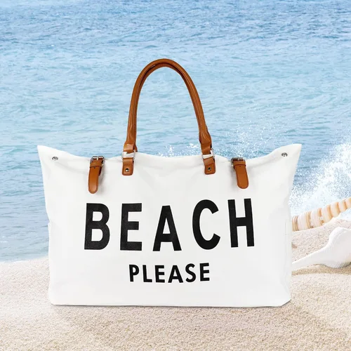 Vista 5 de Bolsa de playa con mango de cuero vegano, extra grande, para mujer, impermeable, a prueba de arena, color blanco